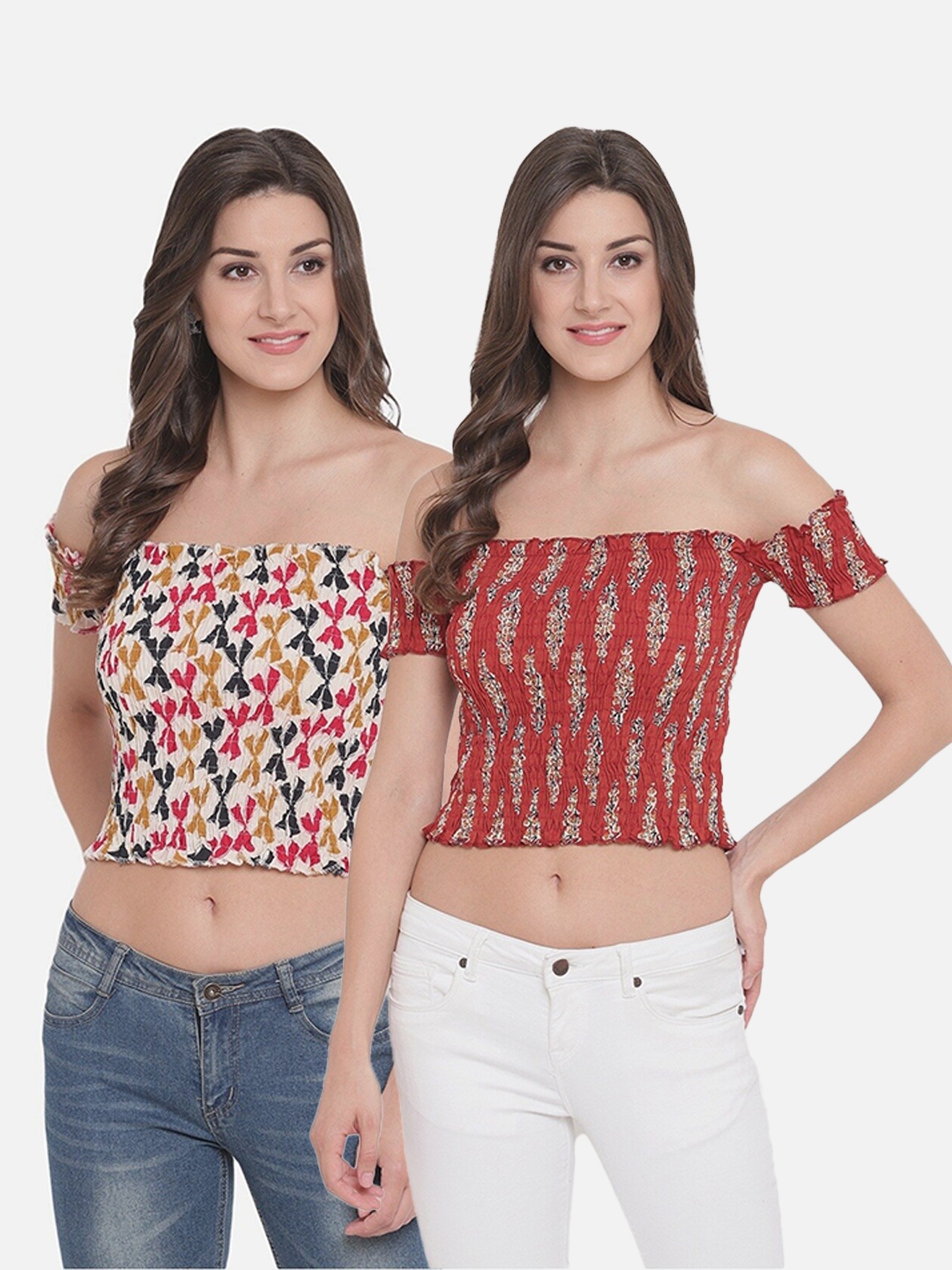 

Aawari Pack Of 2 Women Red & Beige Print Off-Shoulder Bardot Crop Top