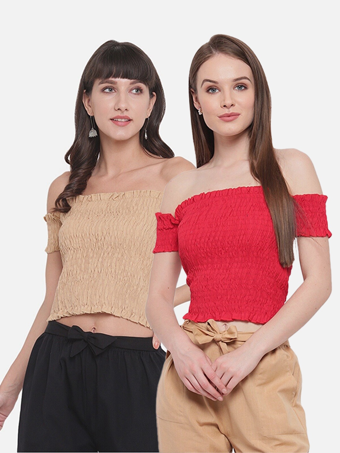 

Aawari Pack of 2 Beige & Red Off-Shoulder Smocked Bardot Tops