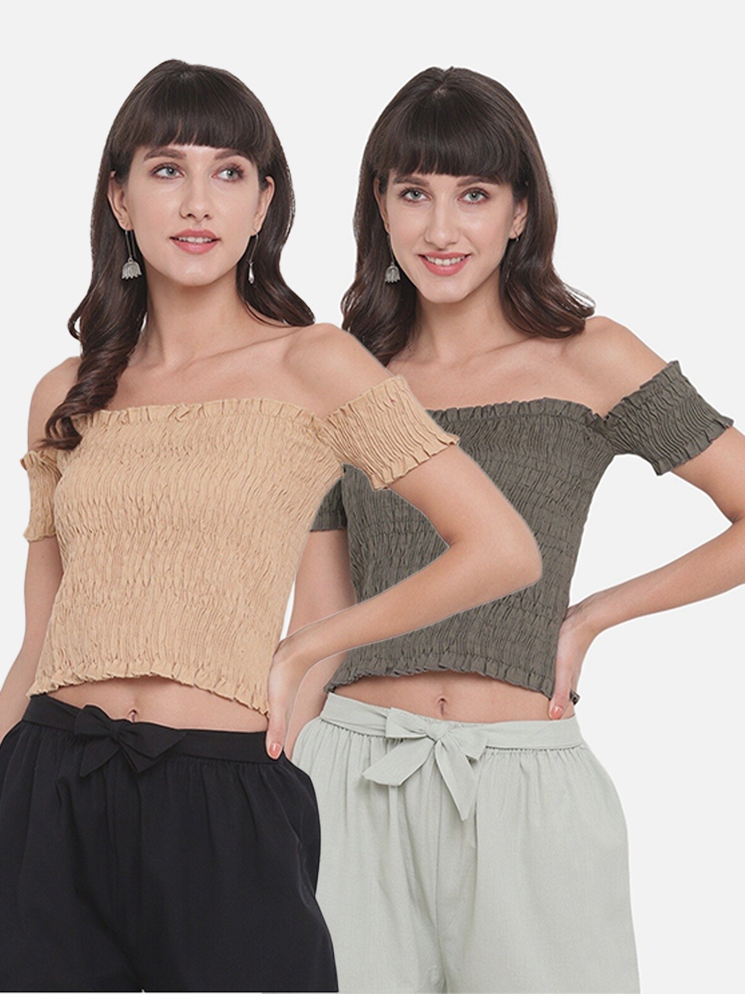 

Aawari Pack of 2 Beige & Olive Green Off-Shoulder Smocked Bardot Crop Tops