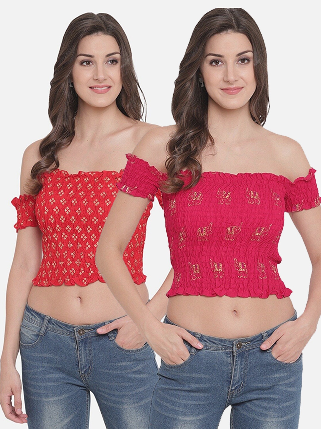 

Aawari Red And Pink Floral Print Off-Shoulder Bardot Crop Set of 2 Top