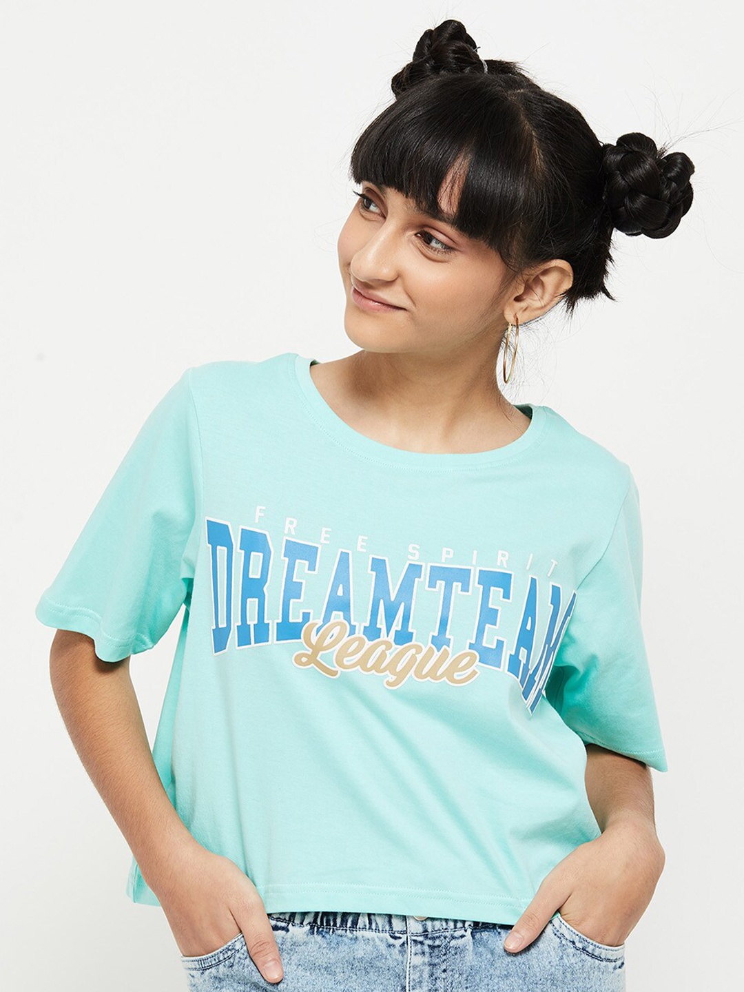 

max Girls Blue Typography Printed T-shirt
