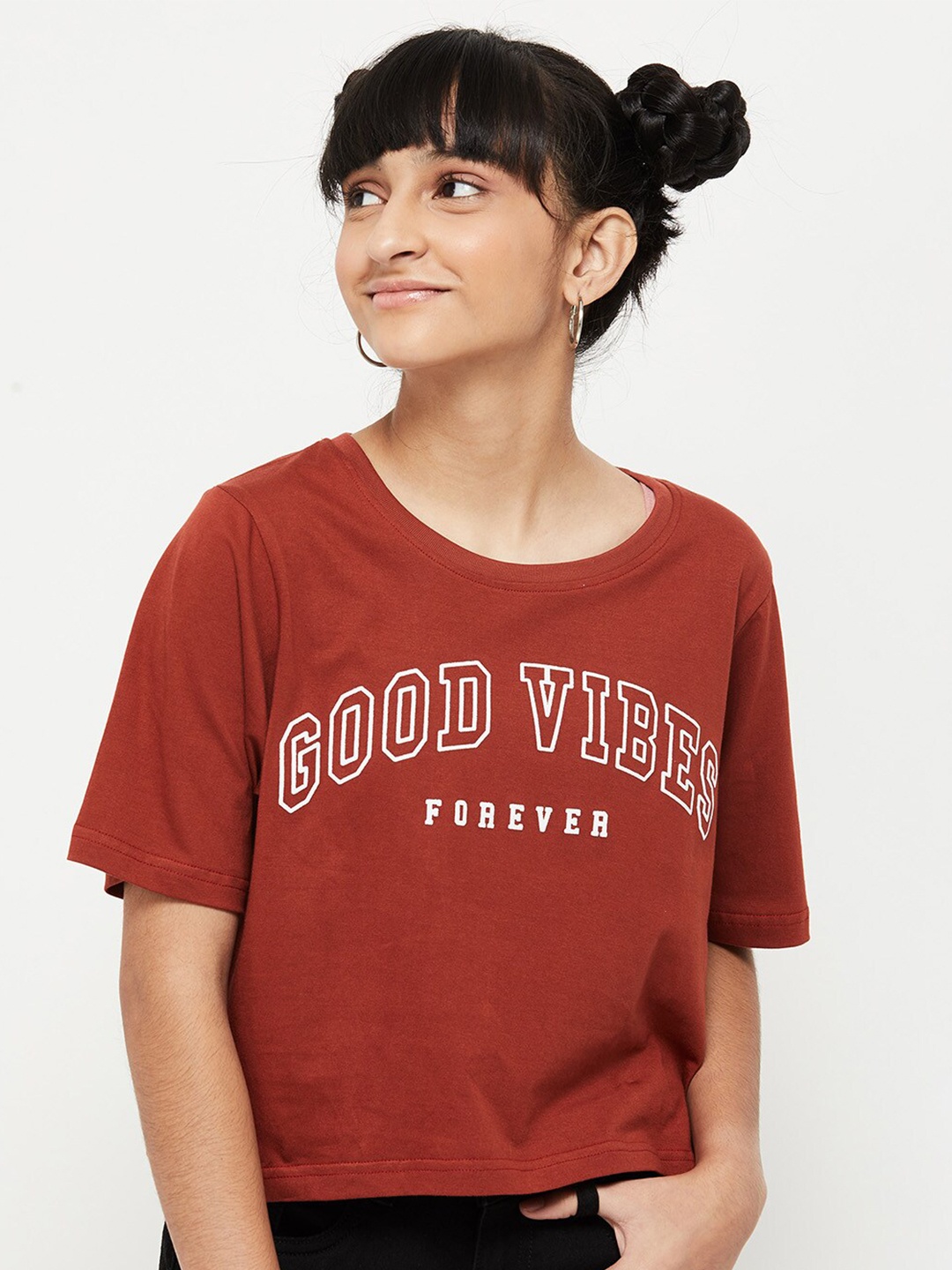 

max Girls Brown Typography Printed T-shirt
