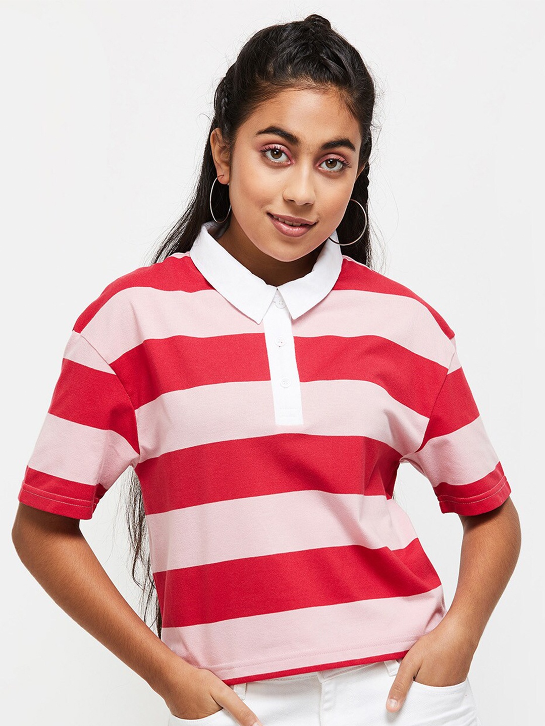 

max Girls Pink & Off White Striped Polo Collar Extended Sleeves T-shirt