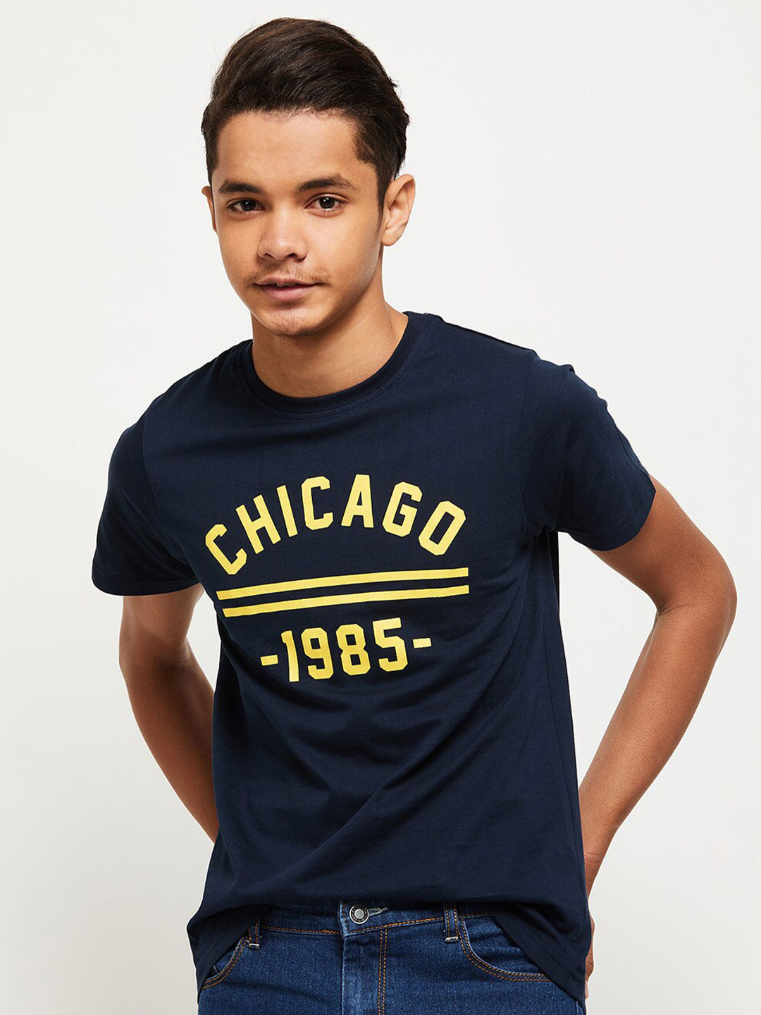 

max Boys Navy Blue Typography Printed T-shirt