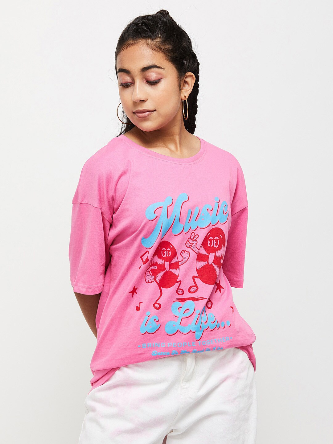 

max Teens Girls Pink Typography Printed Drop-Shoulder Sleeves T-shirt