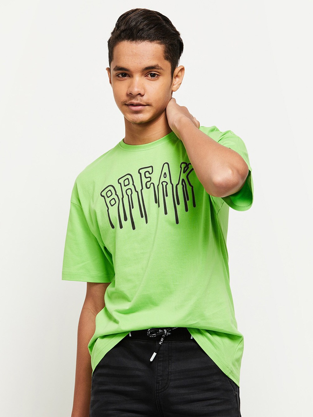 

max Boys Green Typography Printed T-shirt