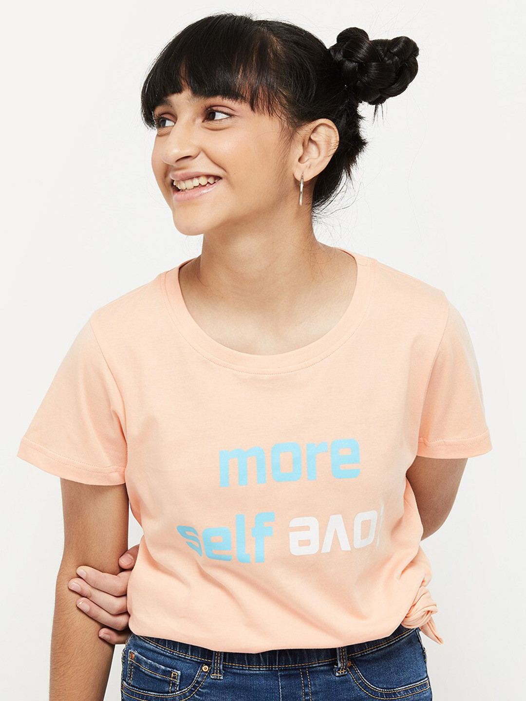 

max Girls Peach-Coloured Typography Printed T-shirt