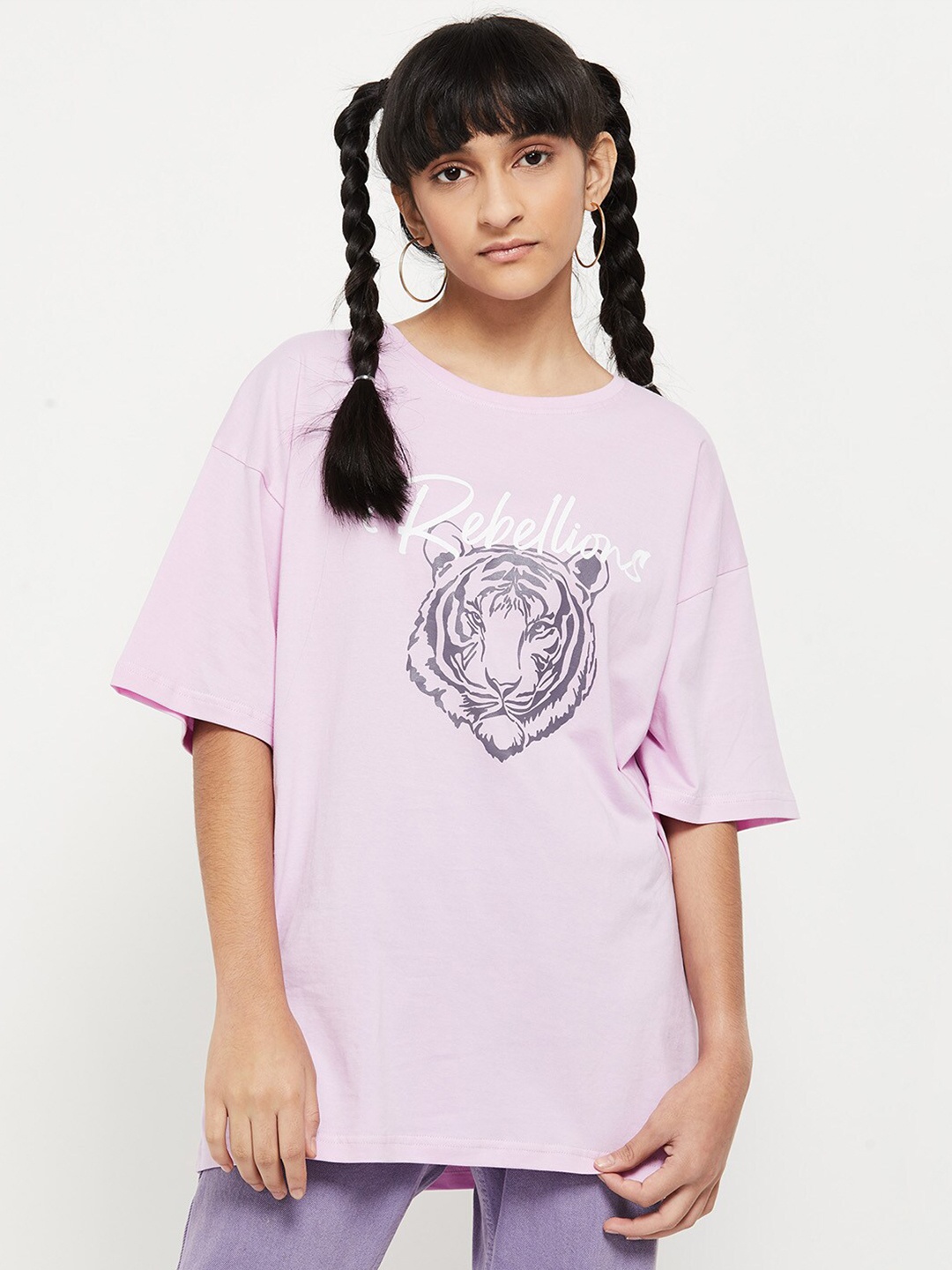 

max Girls Lavender Typography Printed Drop-Shoulder Sleeves Cotton T-shirt