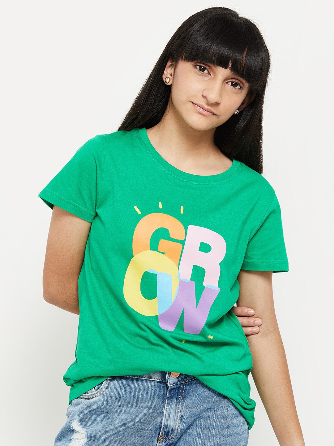 

max Girls Green Typography Printed T-shirt
