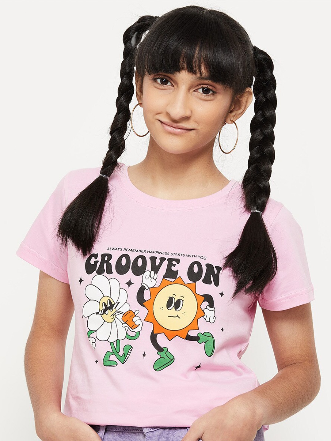

max Girls Pink Printed Cotton T-shirt