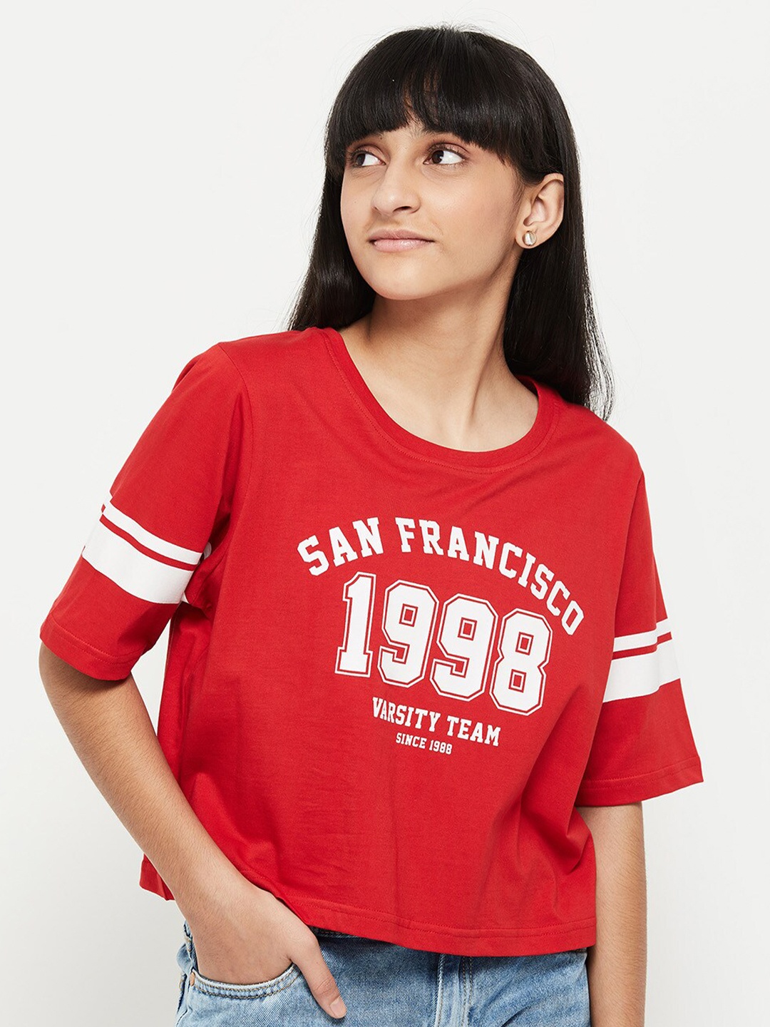

max Girls Red Typography Printed T-shirt