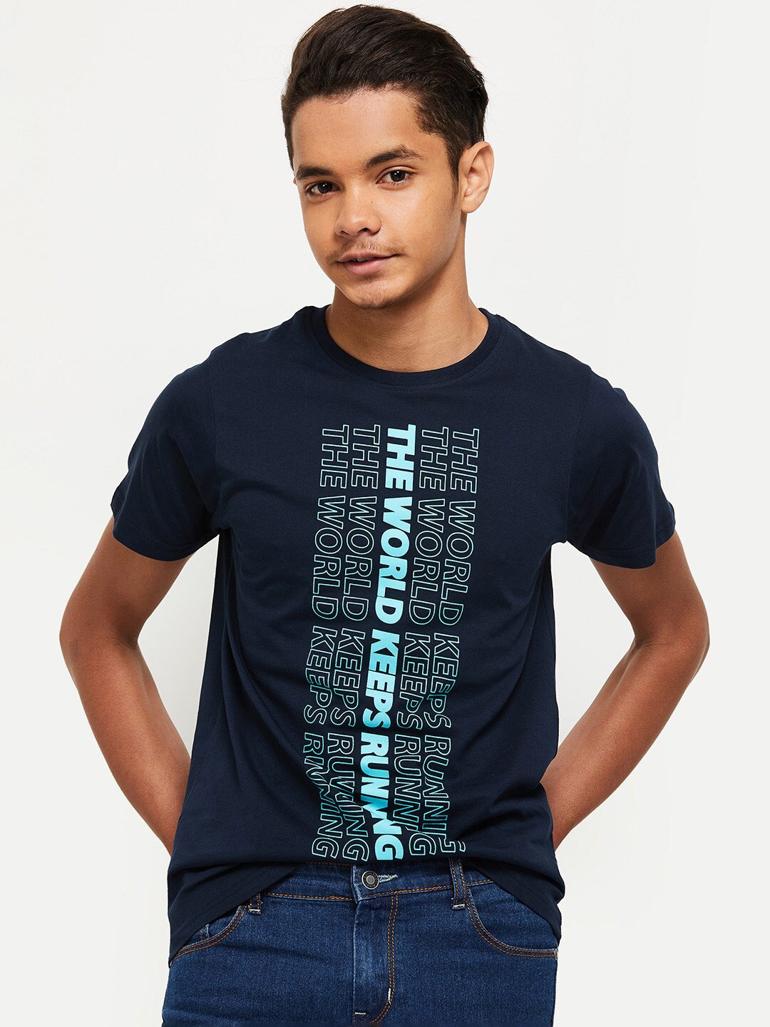 

max Teens Boys Navy Blue Typography Printed T-shirt