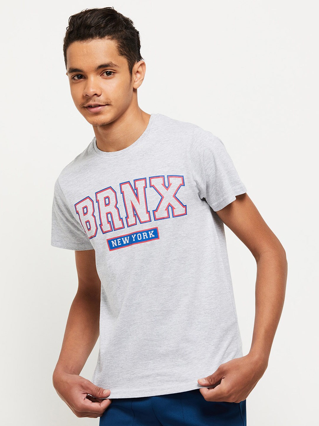 

max Boys Grey Melange Typography Printed T-shirt
