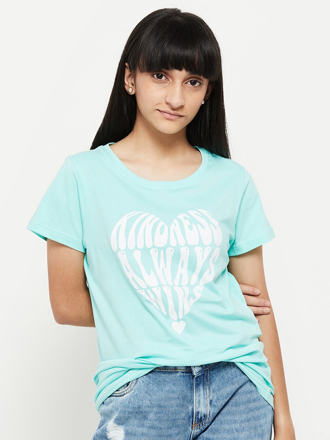 max Girls Blue Typography Printed Cotton T-shirt