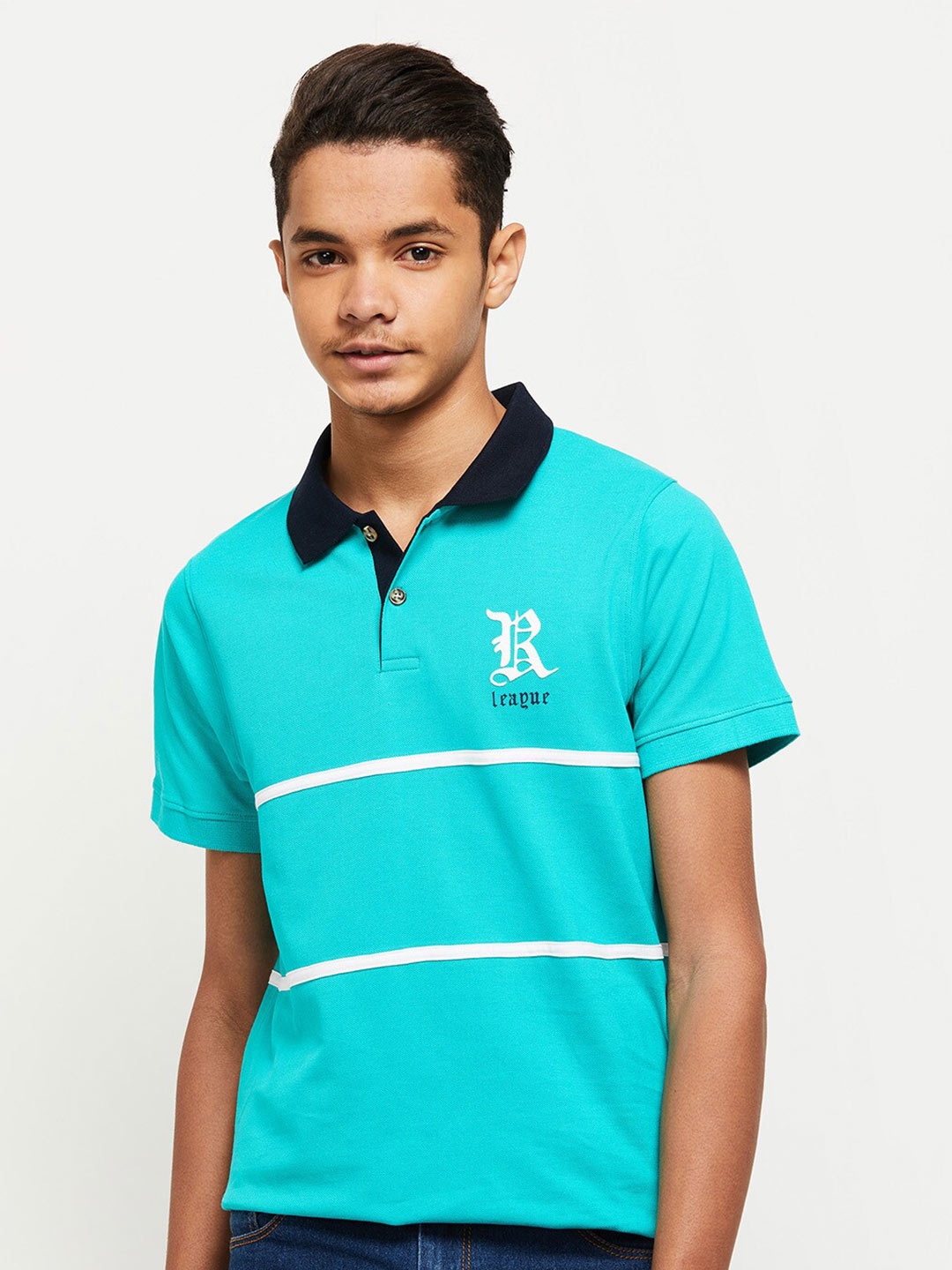 

max Boys Blue & Black Striped Polo Collar Cotton T-shirt