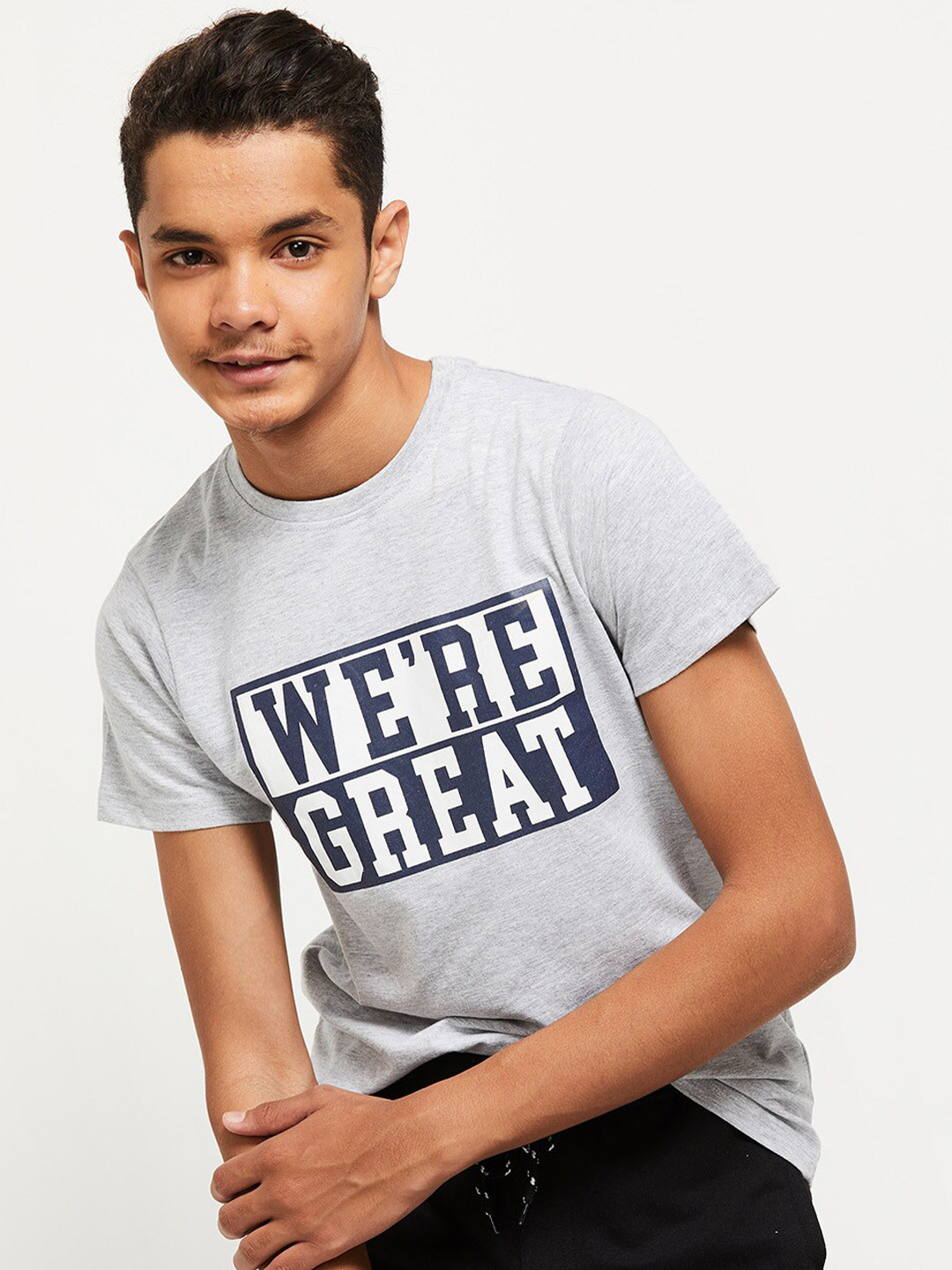 

max Boys Grey Typography Printed T-shirt