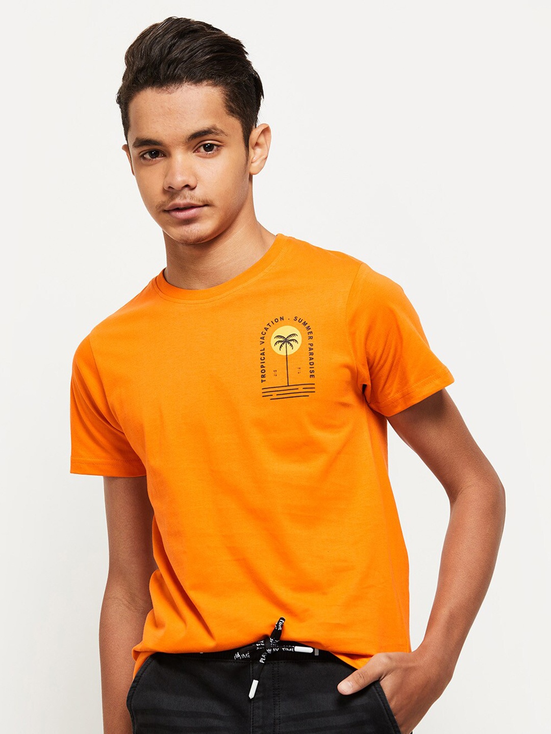 

max Boys Orange Printed T-shirt