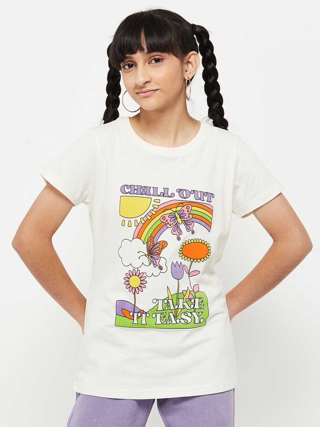 

max Girls White Printed T-shirt