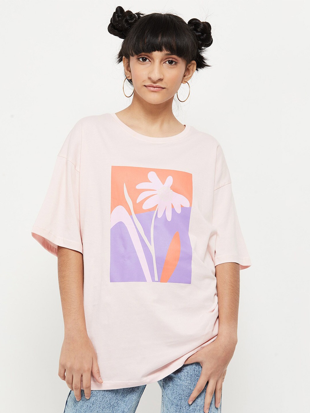 

max Girls Peach-Coloured Printed Drop-Shoulder Sleeves Oversized T-shirt