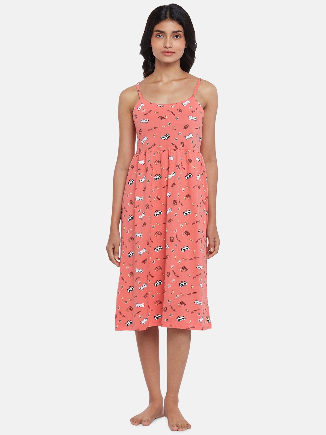 

Dreamz by Pantaloons Women Coral Pink Printed Nightdress