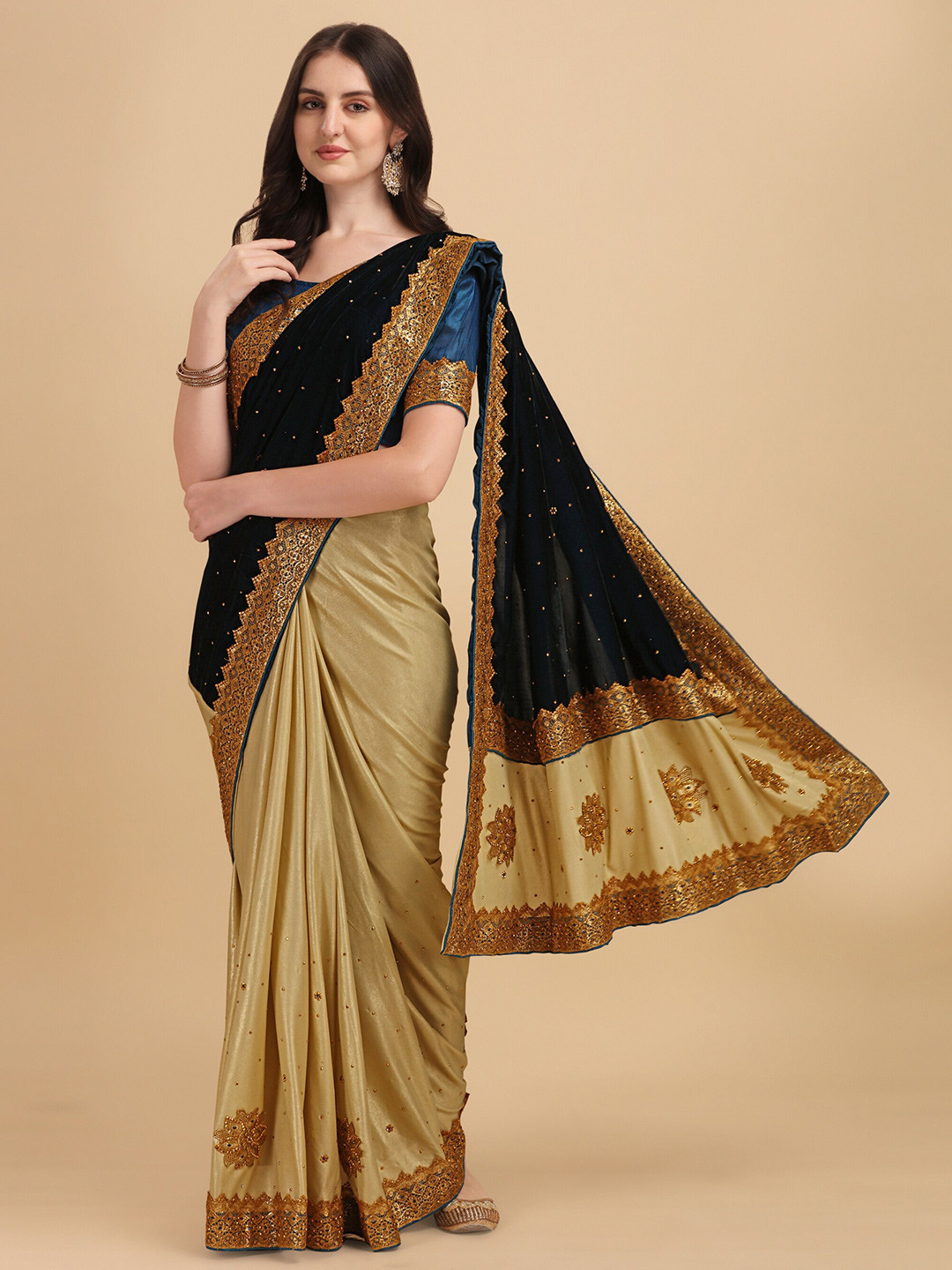 

Vaidehi Fashion Green & Gold-Toned Floral Embroidered Velvet Half and Half Saree