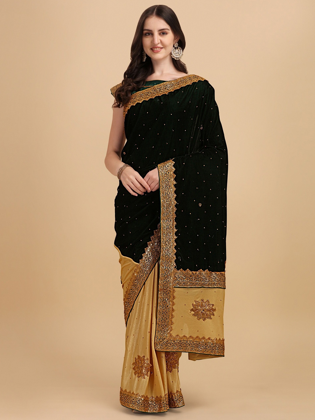 Vaidehi Fashion Green & Gold-Toned Floral Embroidered Velvet Half and Half Saree