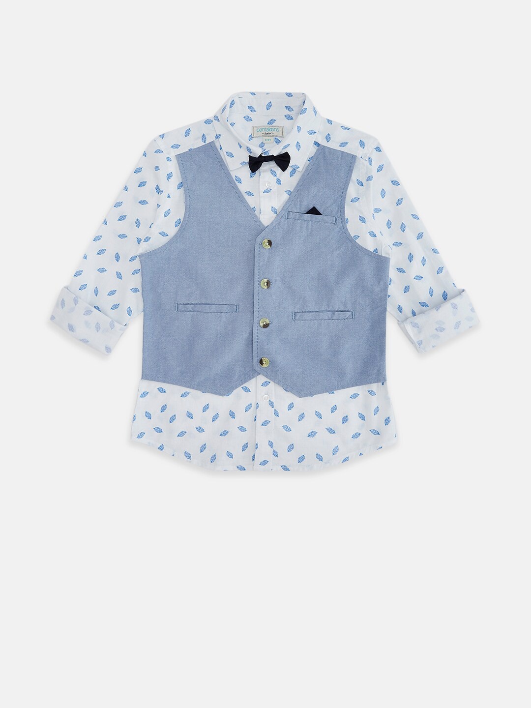 

Pantaloons Junior Boys White Printed Party Shirt With vest coat & Bow