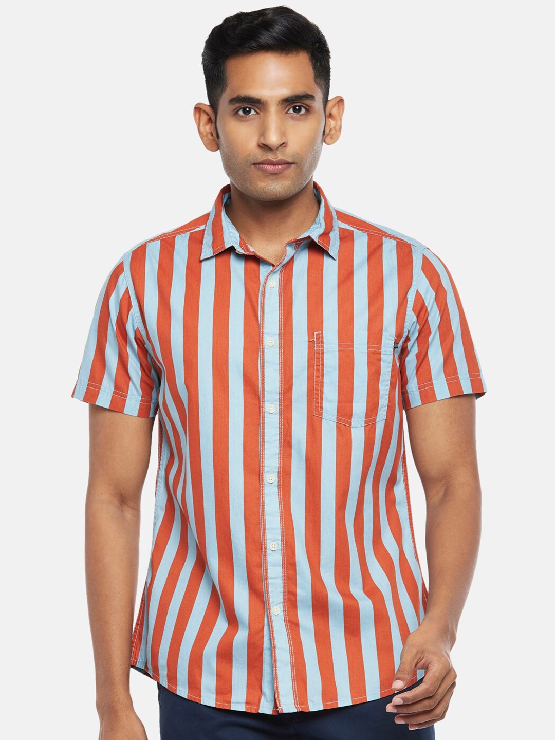 

Urban Ranger by pantaloons Men Rust Slim Fit Striped Short Sleeves Casual Shirt