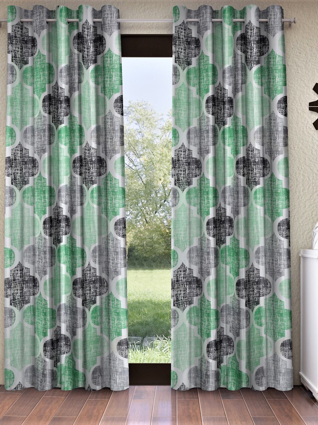 

Home Sizzler Green & White Set of 2 Geometric Window Curtain