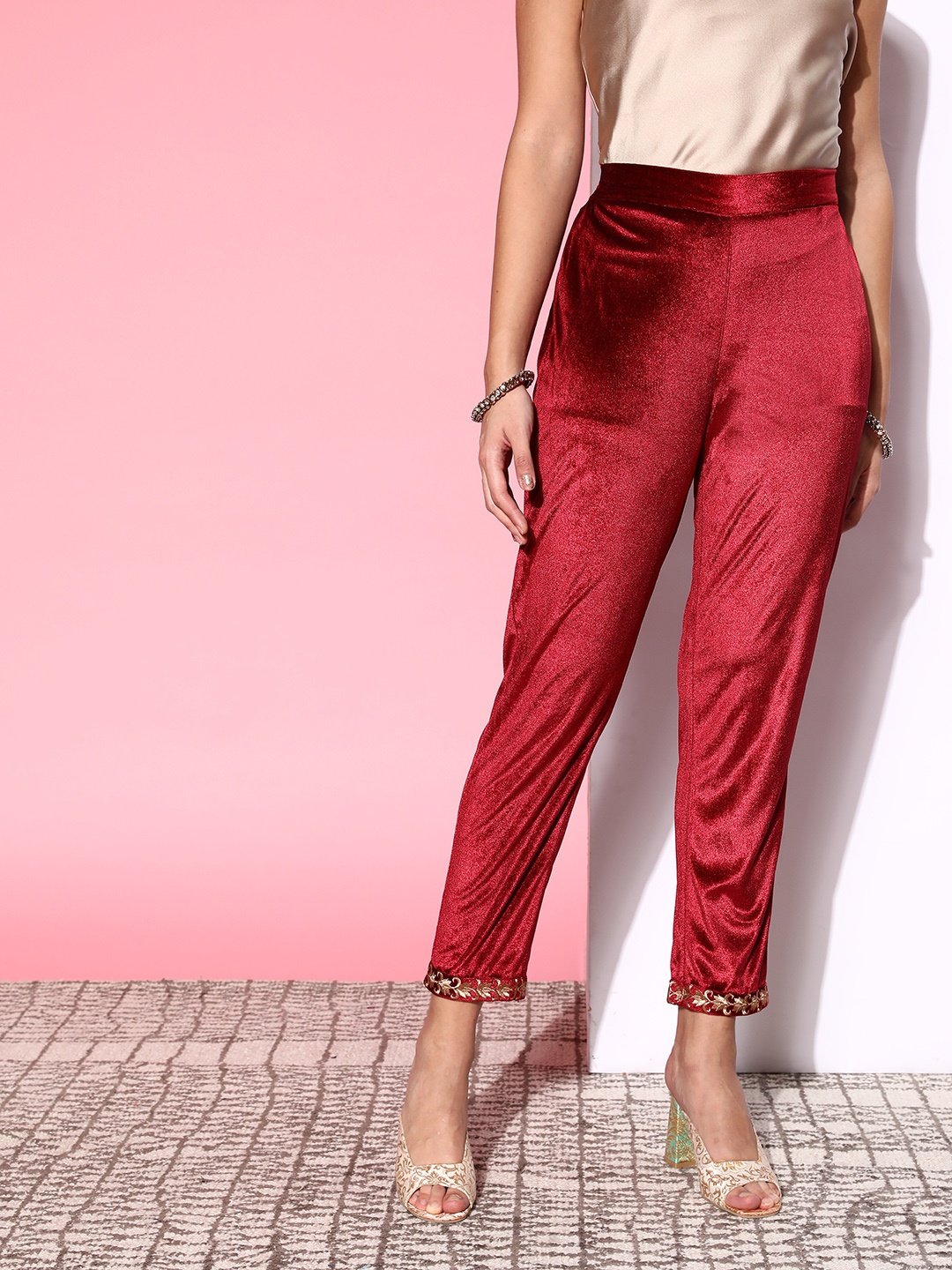 

Shae by SASSAFRAS Women Charming Maroon Solid Velvet Trousers