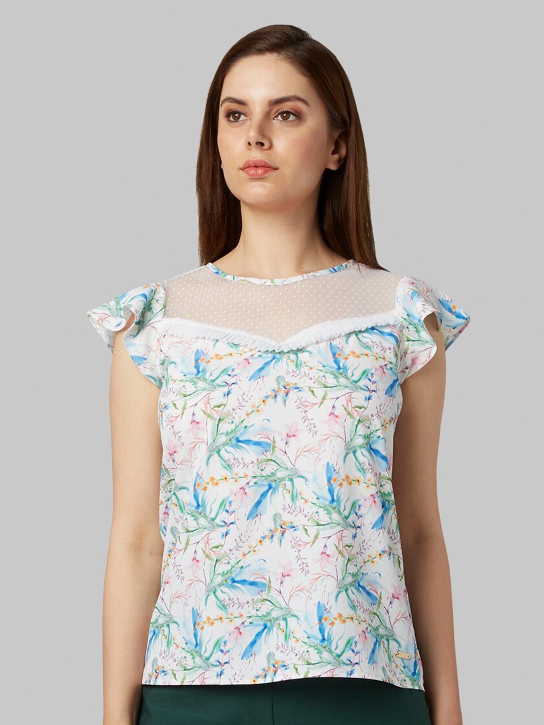 

Park Avenue Women White & Blue Floral Print Top