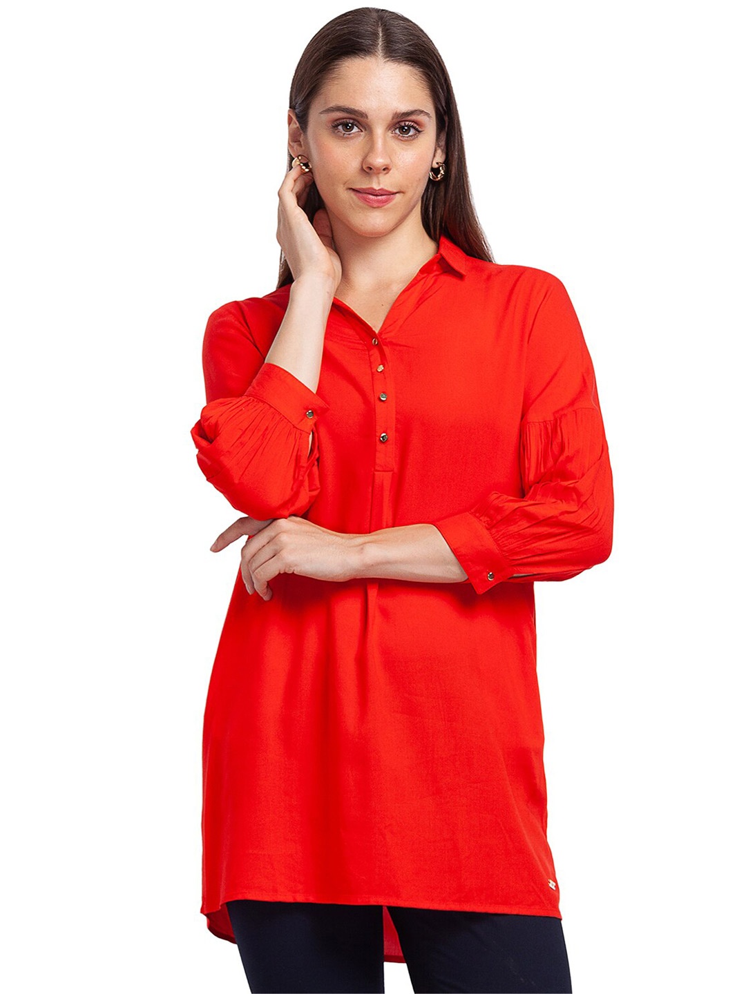 

Park Avenue Red Roll-Up Sleeves Shirt Style Longline Top