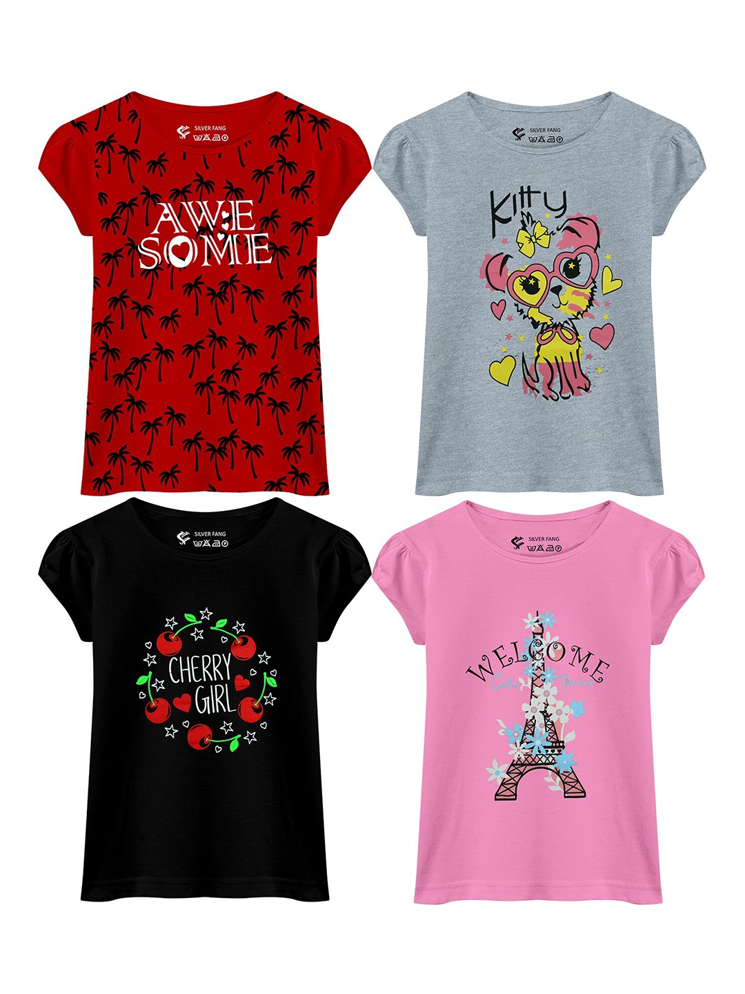 Silver Fang Girls Pack Of 4 Multicoloured Regular Fit Printed T-shirt, Multi