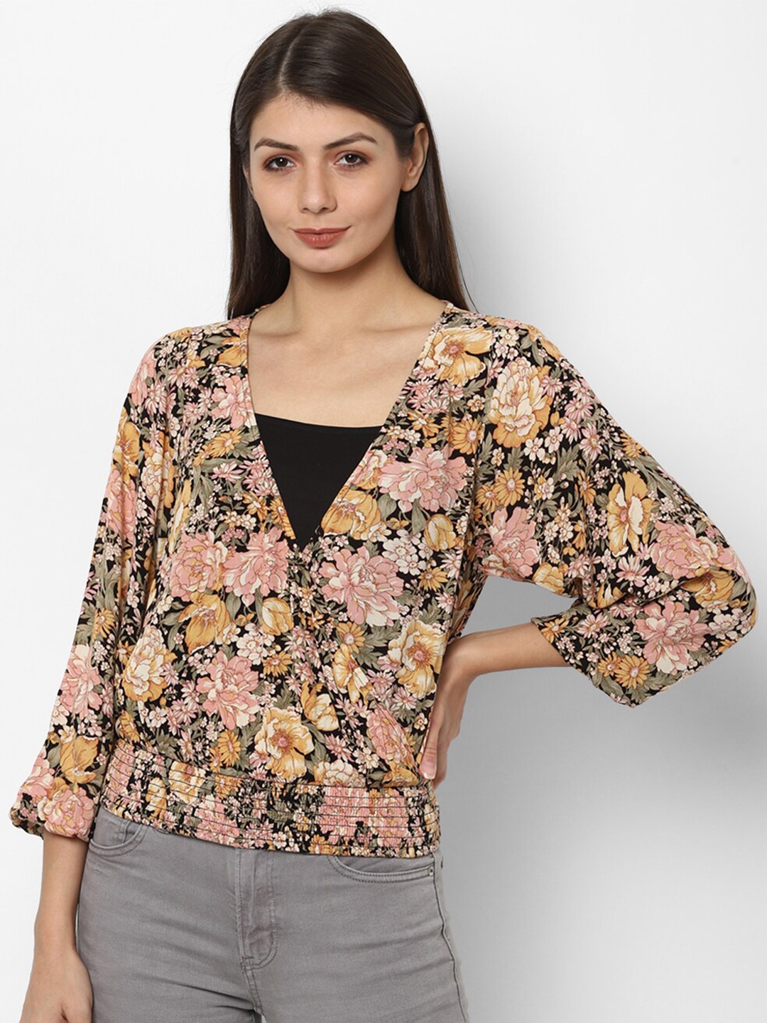 

AMERICAN EAGLE OUTFITTERS Women Black Floral Printed Wrap Top