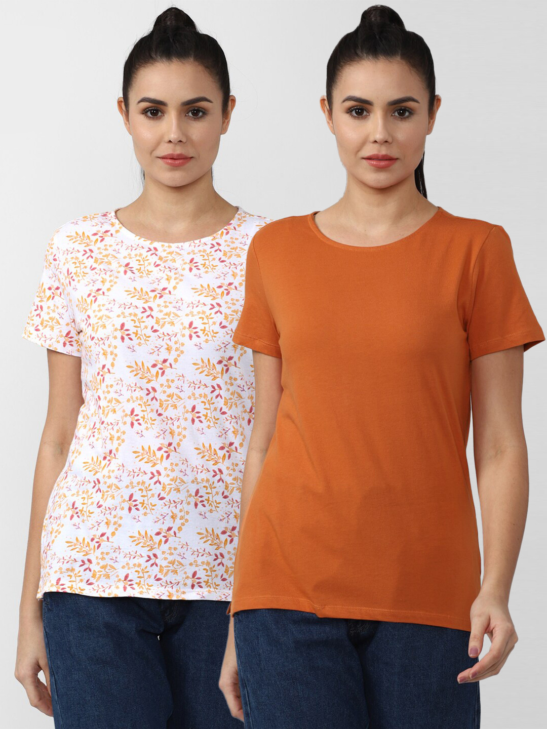 

Van Heusen Woman Women Pack Of 2 Orange & White Floral Printed T-shirt