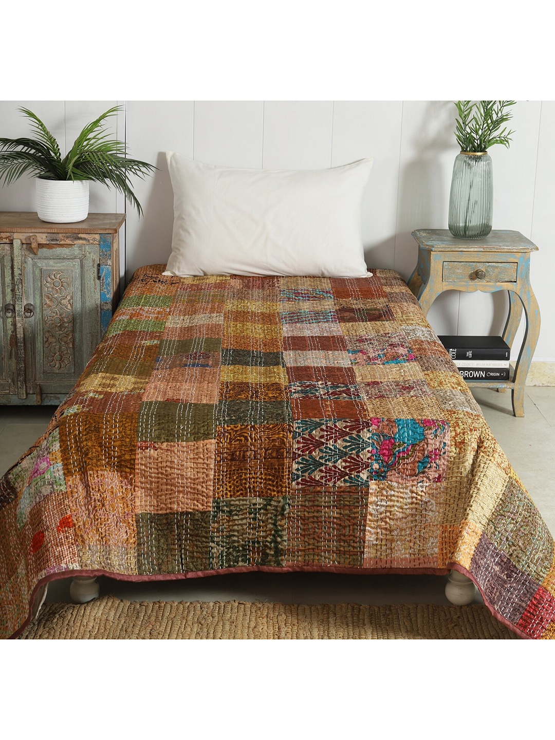 HANDICRAFT PALACE Brown Kantha Patchwork Single Size Bed Cover TC 180