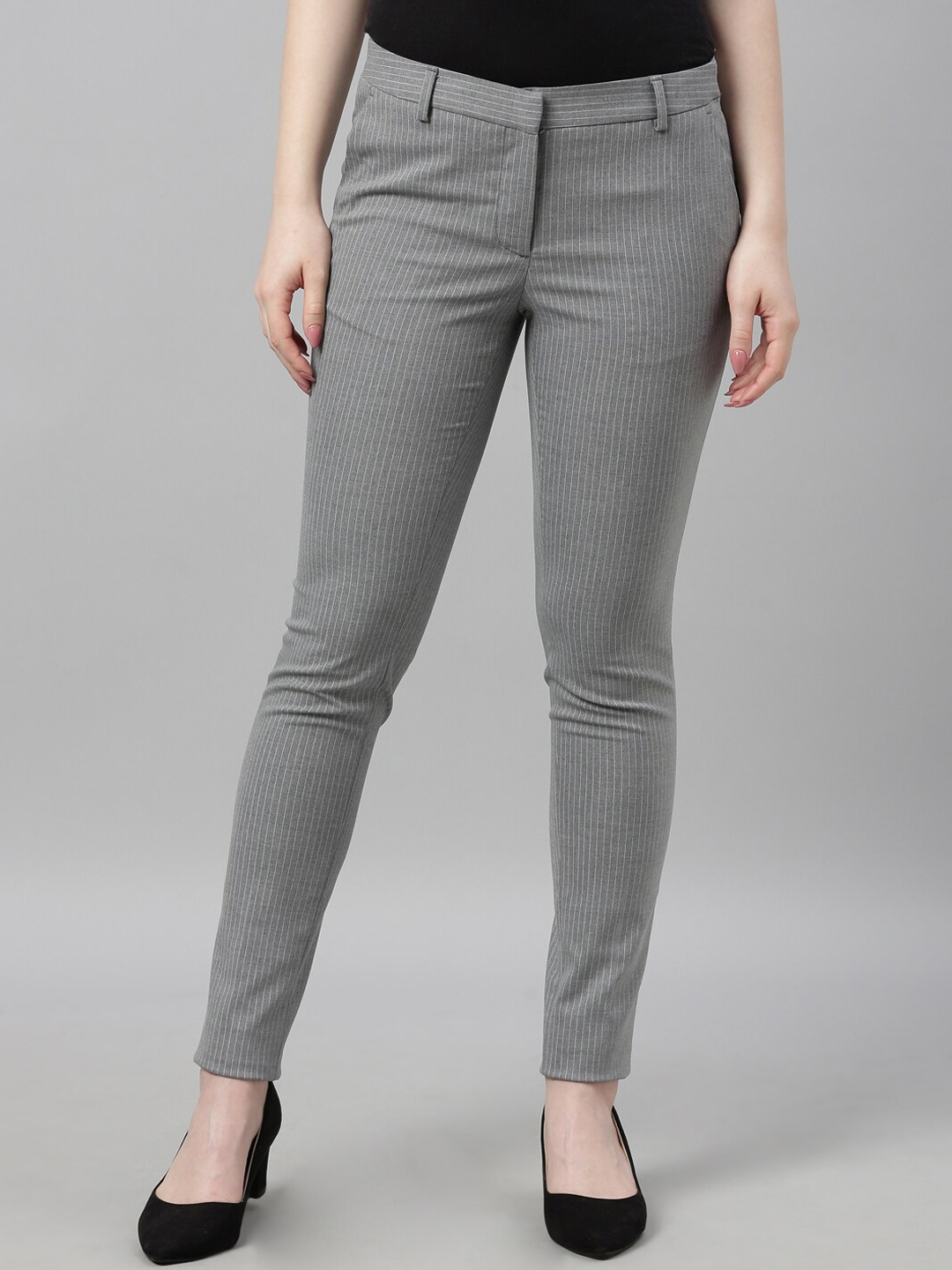 

Park Avenue Women Grey Striped Tapered Fit Trousers