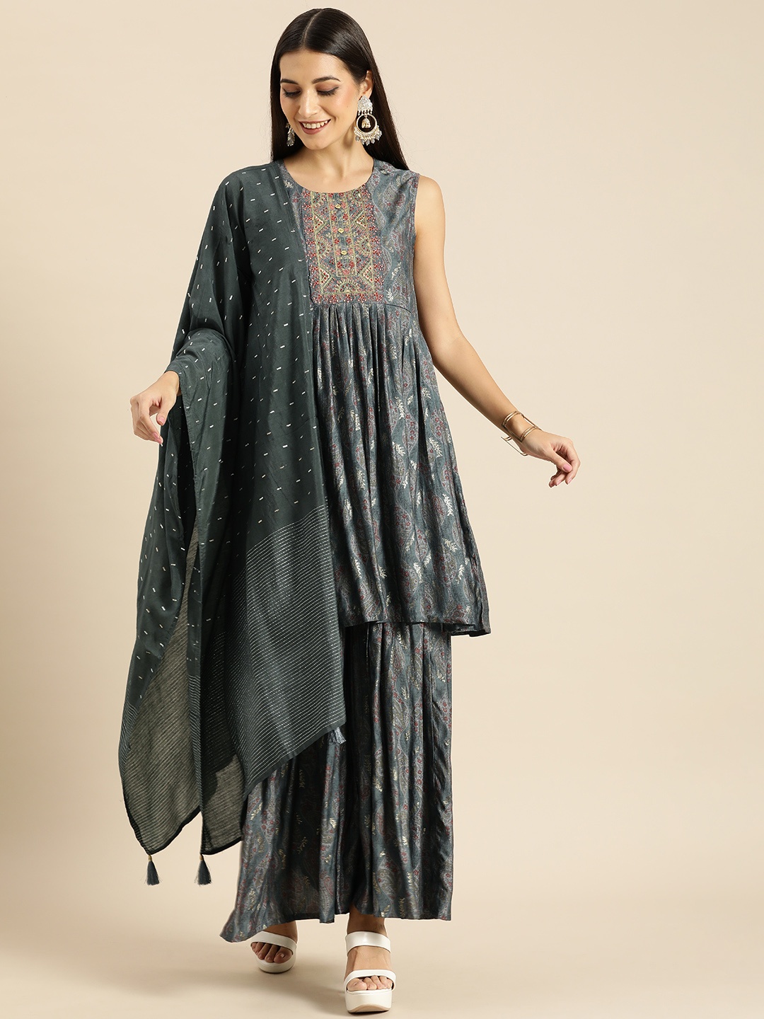 

Anouk Women Grey Ethnic Motifs Yoke Design Chanderi Silk Kurta with Sharara & With Dupatta