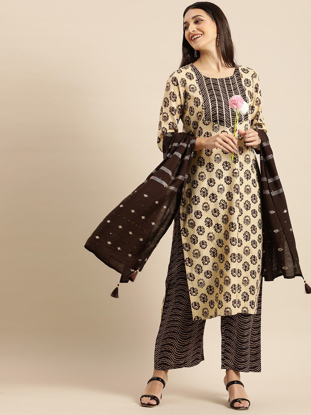 

Anouk Brown & Cream Ethnic Motifs Printed Gotta Patti Kurta with Palazzos & Dupatta
