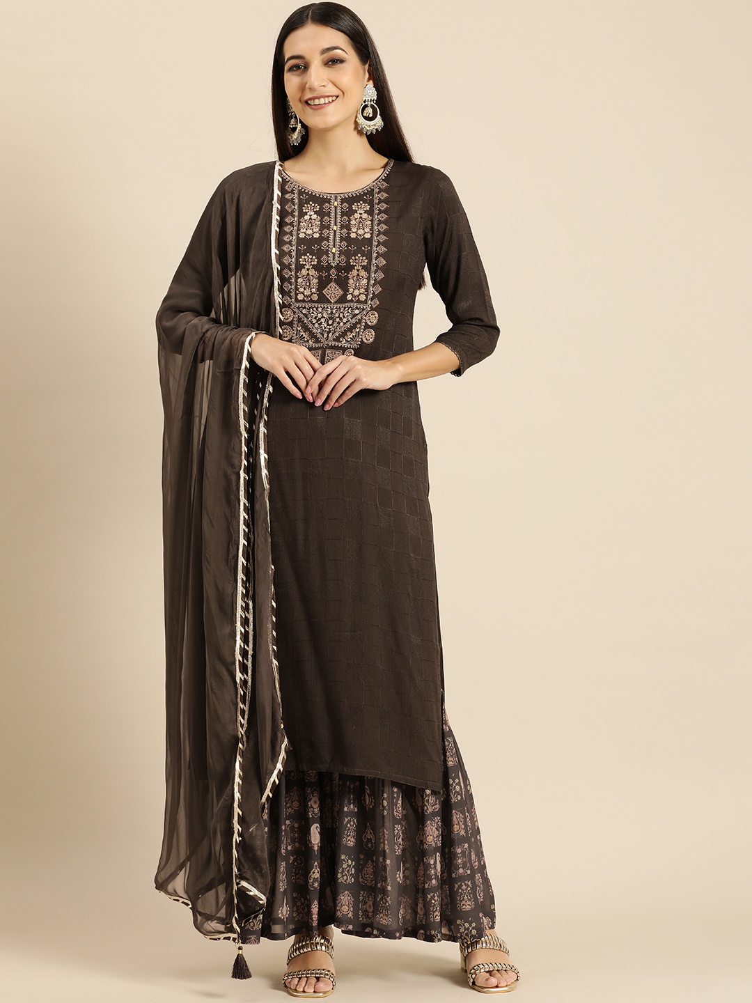 

Anouk Women Coffee Brown Yoke Design Sequinned Kurta with Sharara & With Dupatta