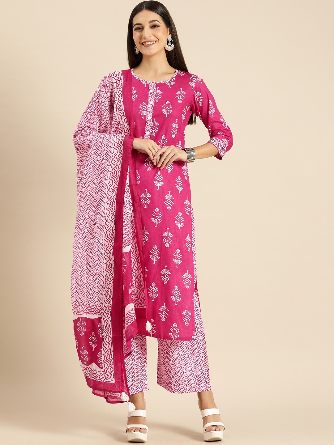 

Anouk Women Pink Ethnic Motifs Printed Pure Cotton Kurta with Palazzos & With Dupatta
