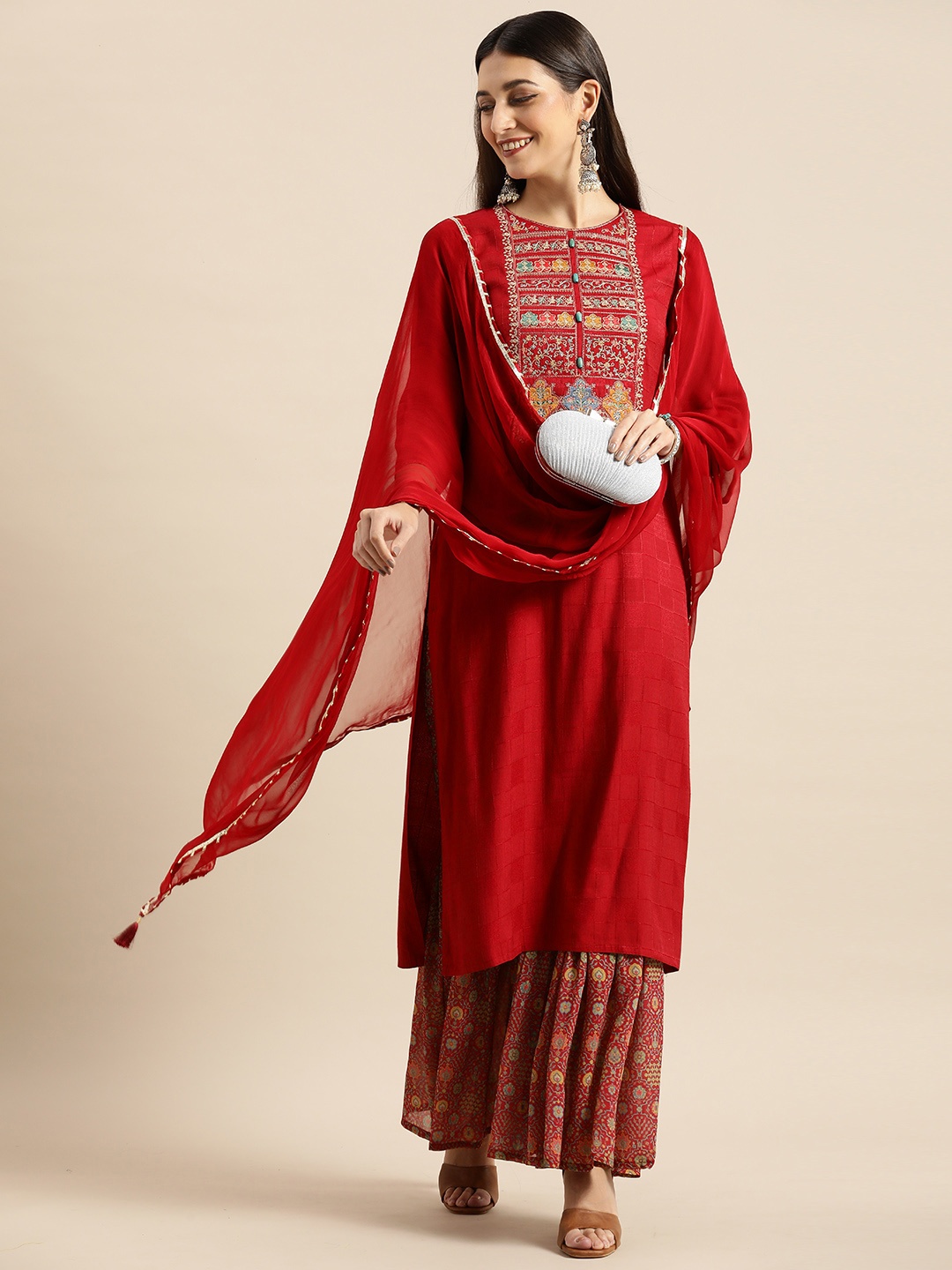 

Anouk Women Maroon Ethnic Motifs Embroidered Kurta with Sharara & Dupatta