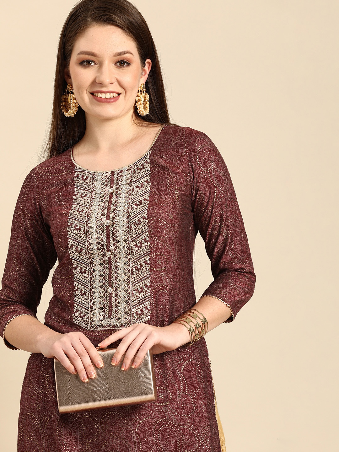 

Anouk Women Maroon Ethnic Motifs Printed Thread Work Kurta