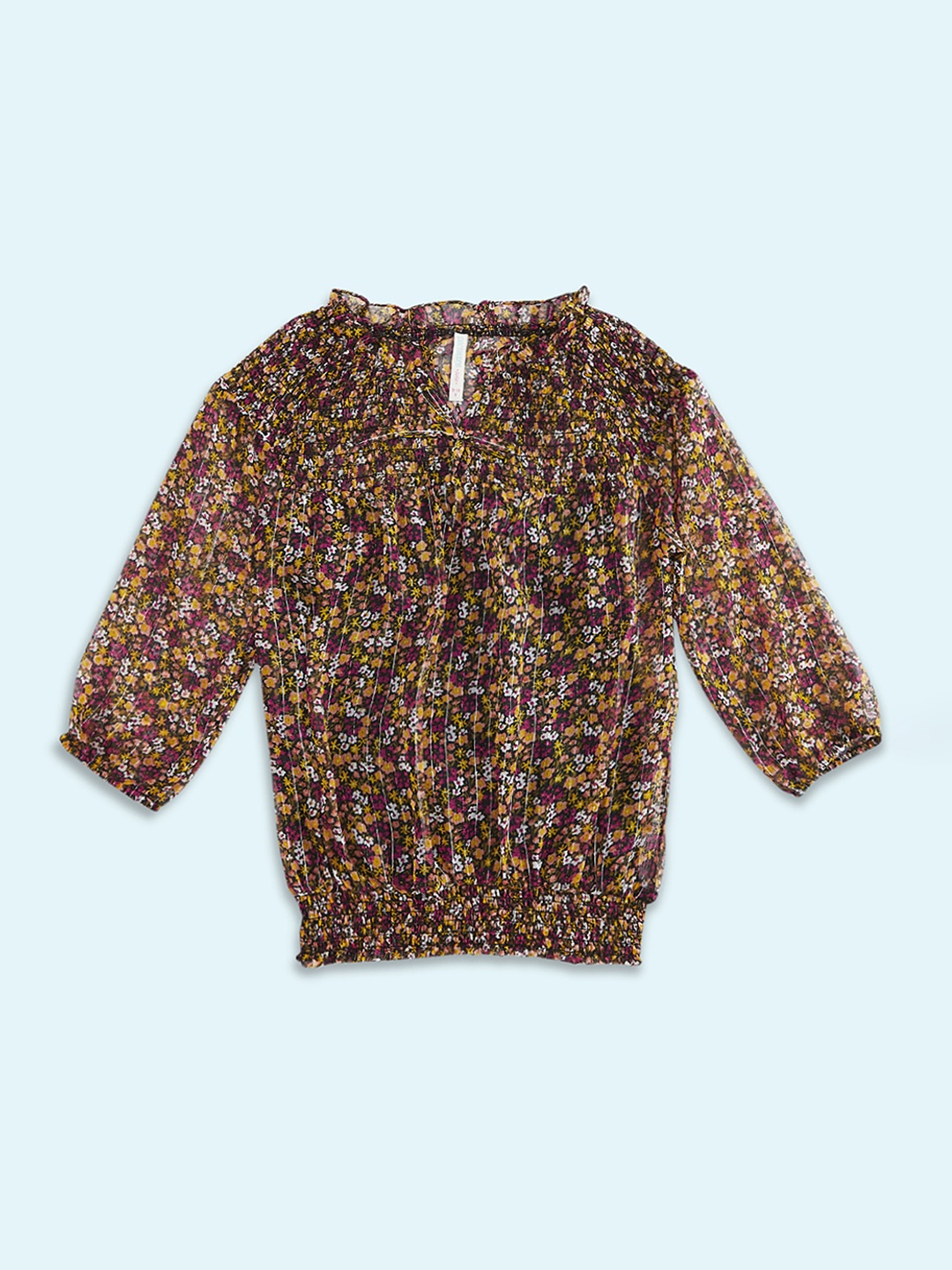

Pantaloons Junior Girls Black & Pink Floral Print Keyhole Neck Blouson Top