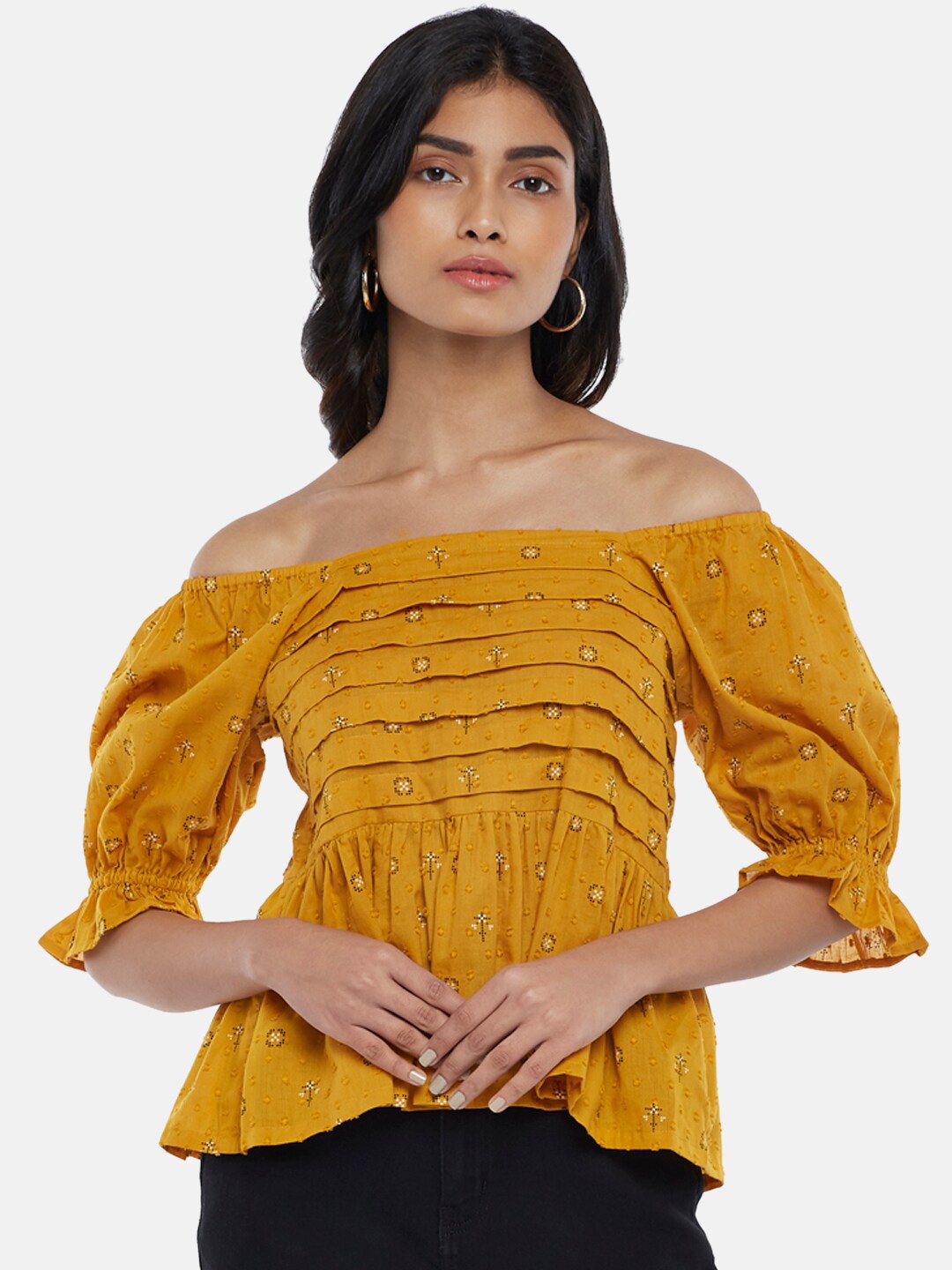 

People Women Mustard Yellow Off-Shoulder Bardot Top