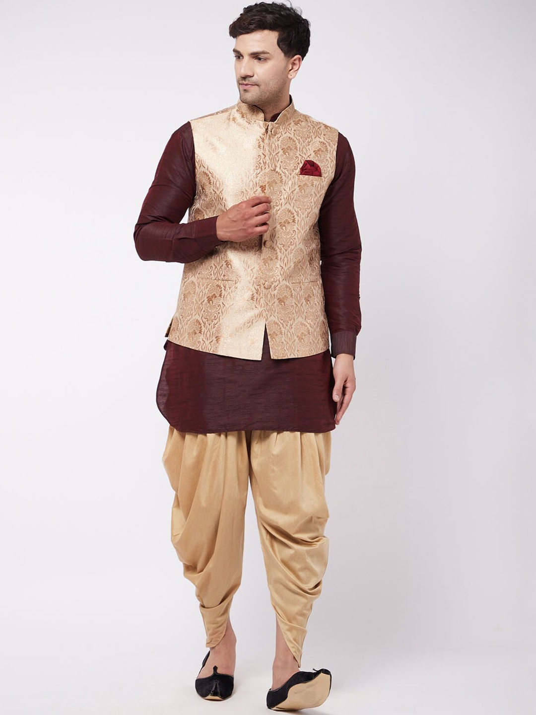 

VASTRAMAY Men Burgundy Floral Kurta with Dhoti Pants with Gold Woven Nehru Jacket