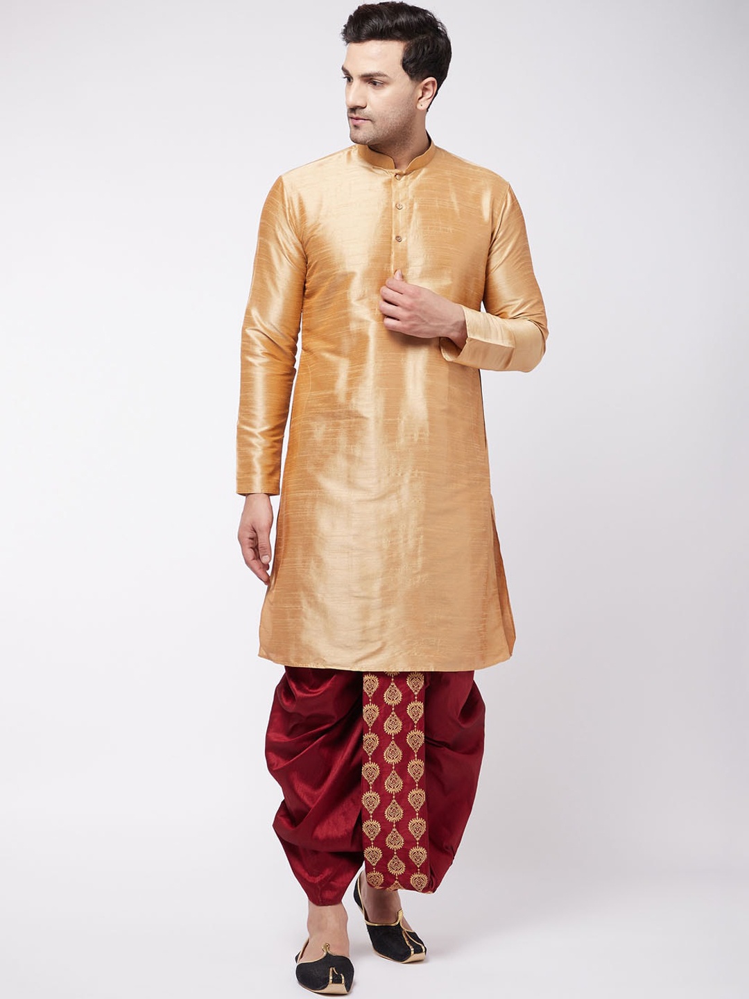 

VASTRAMAY Men Rose Gold Panelled Kurta with Dhoti Pants