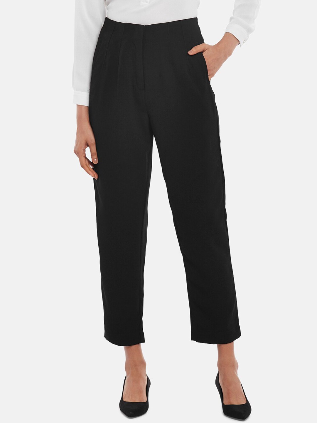 

Annabelle by Pantaloons Women Black Tapered Fit High-Rise Trousers