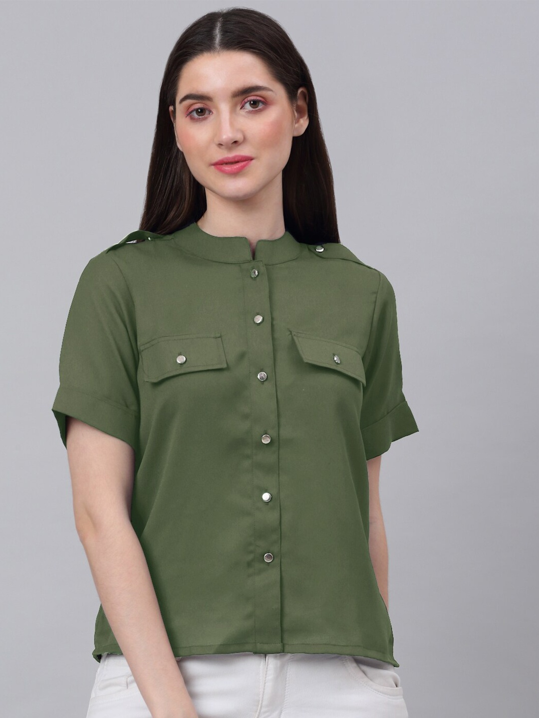 

NEUDIS WOMEN Olive Green Mandarin Collar Shirt Style Top