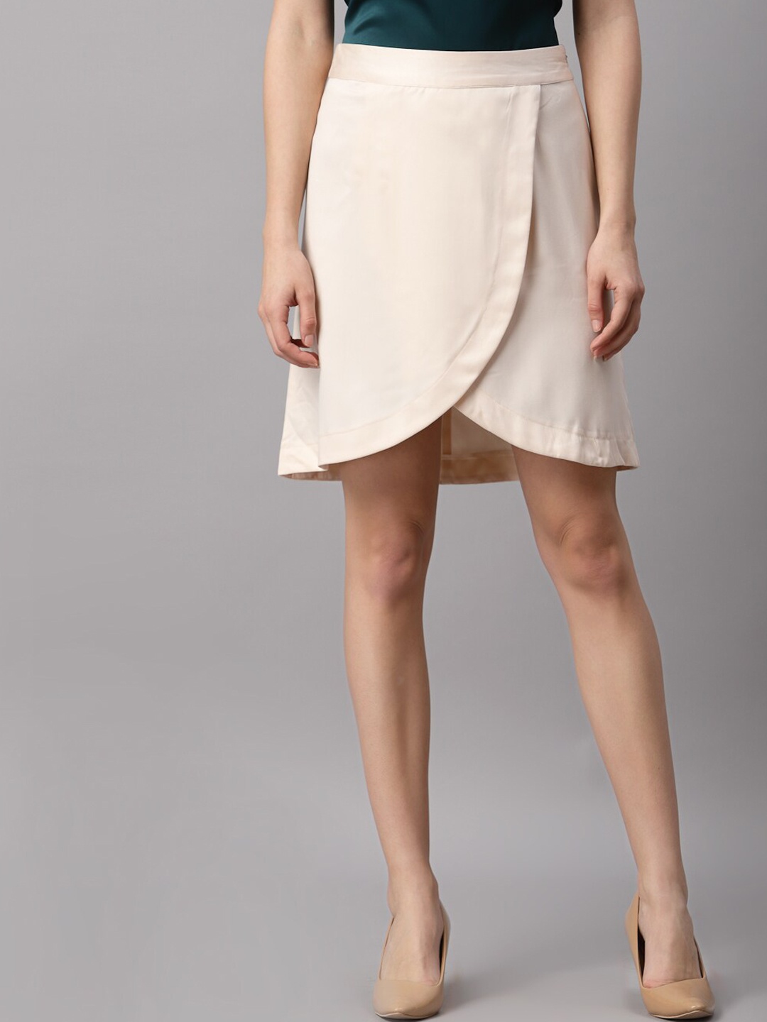 

NEUDIS Women Beige Solid Satin Finish Wrap Mini Skirt